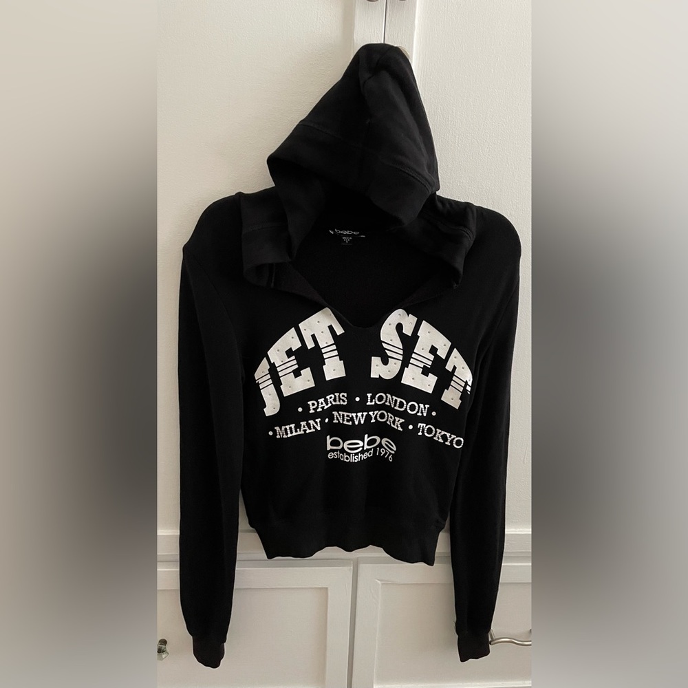 Bebe Black Graphic Hooded Sweater Excellent Shape Size S